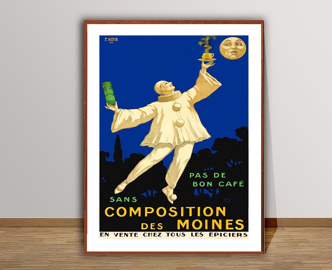 Composition des Moines Clown and Moon Vintage French Coffee Ad Poster - Image 2