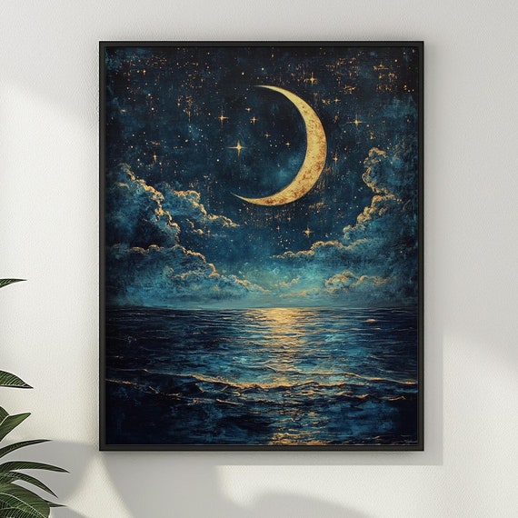 Celestial Crescent Moon Painting Wall Art Enchanting Vintage Wall Decor Dark Moody Ocean Night Sky Clouds Gift