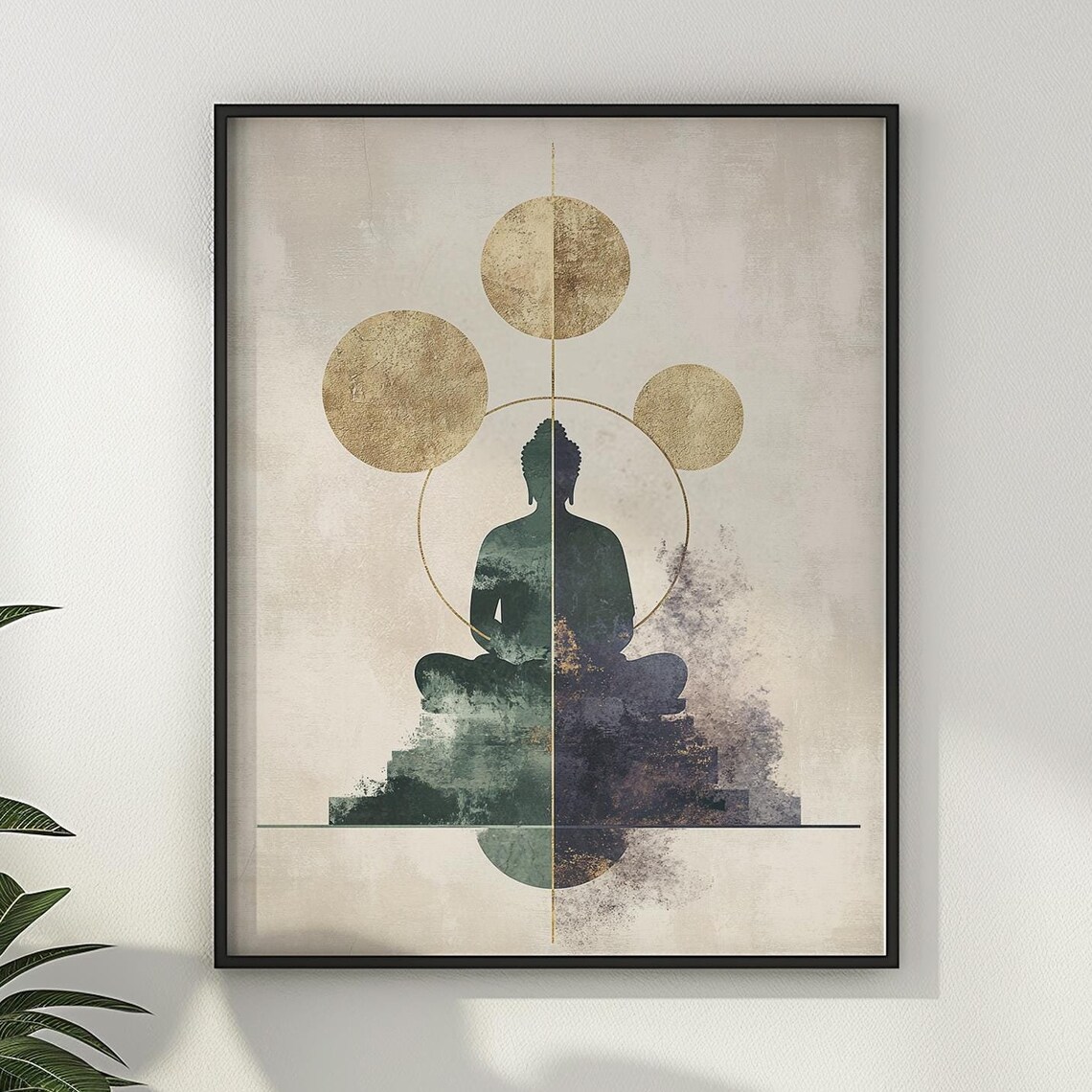 Meditating Buddha Golden Moon Phases Zen Minimalist Spiritual Poster