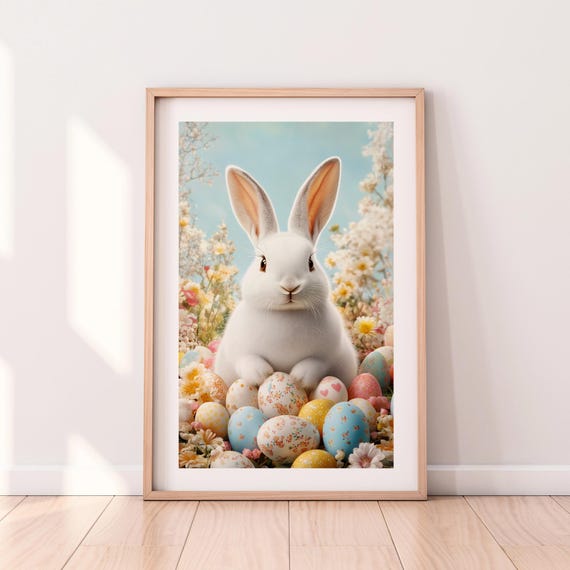 Easter Bunny, Cute Rabbit With Easter Eggs Art Print