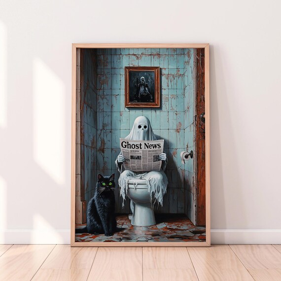 Cute Ghost Reading Ghost News on Toilet Funny Halloween Poster