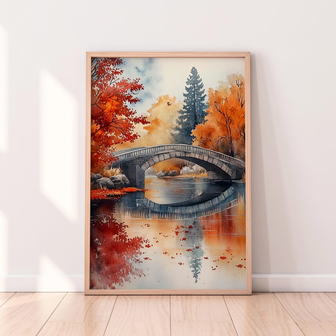 Autumn Stone Bridge Over Calm Water Fall Watercolor Landscape Poster
