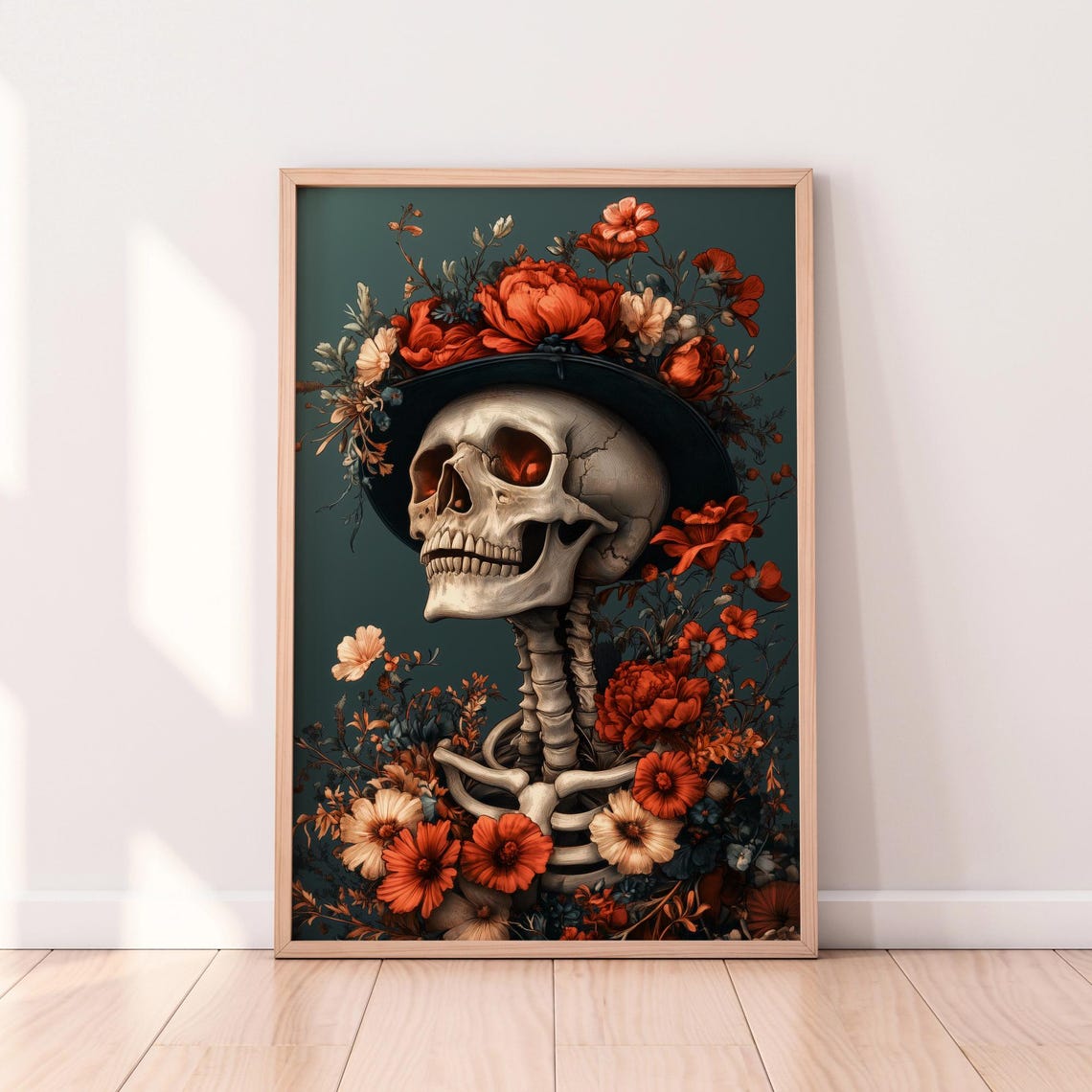 Gothic Skull With Floral Crown Dark Botanical Art Print On Teal