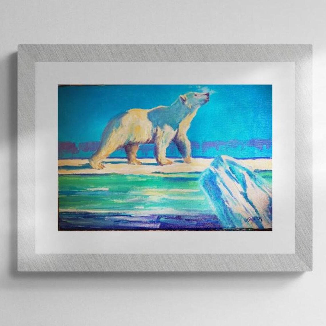 Polar Bear Walking Arctic Ice Turquoise Ocean Wildlife Oil Painting Wall Art