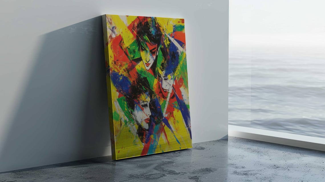 Bold Abstract Expressionist Three Faces Yellow Red Blue Art Poster - Image 3