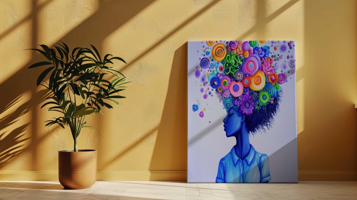 Blue Woman Profile Colorful Flower Spiral Hair Dreamy White Wall Art - Image 4