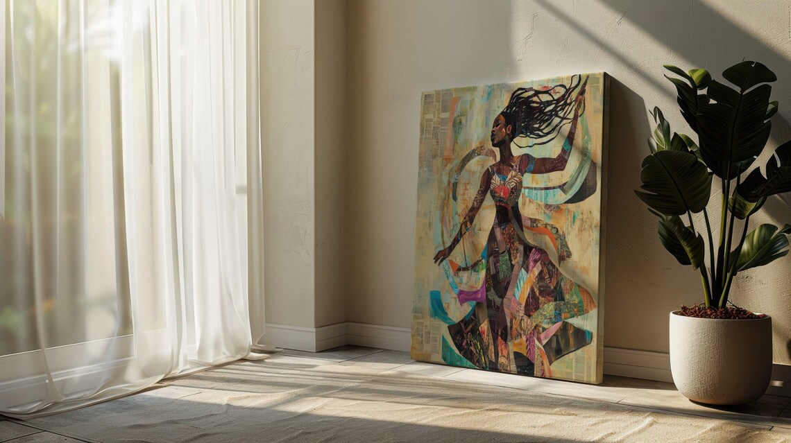 Black Woman Dancing Flowing Hair Collage Dress Joyful Freedom Poster - Image 2