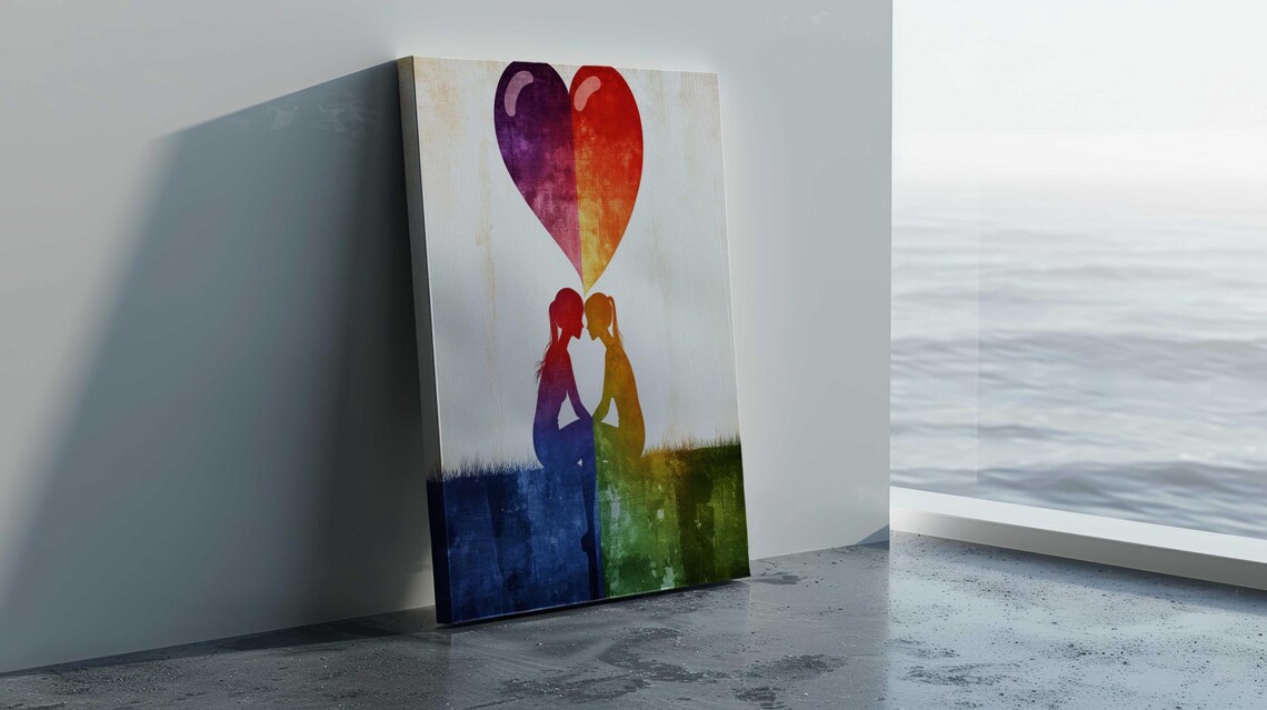 Two Women Kissing Rainbow Heart Watercolor LGBTQ Love Couple Poster - Image 2