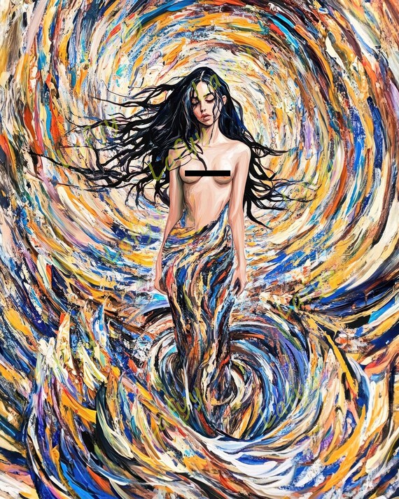 Nude Woman Long Black Hair Swirling Colorful Vortex Oil Art Poster