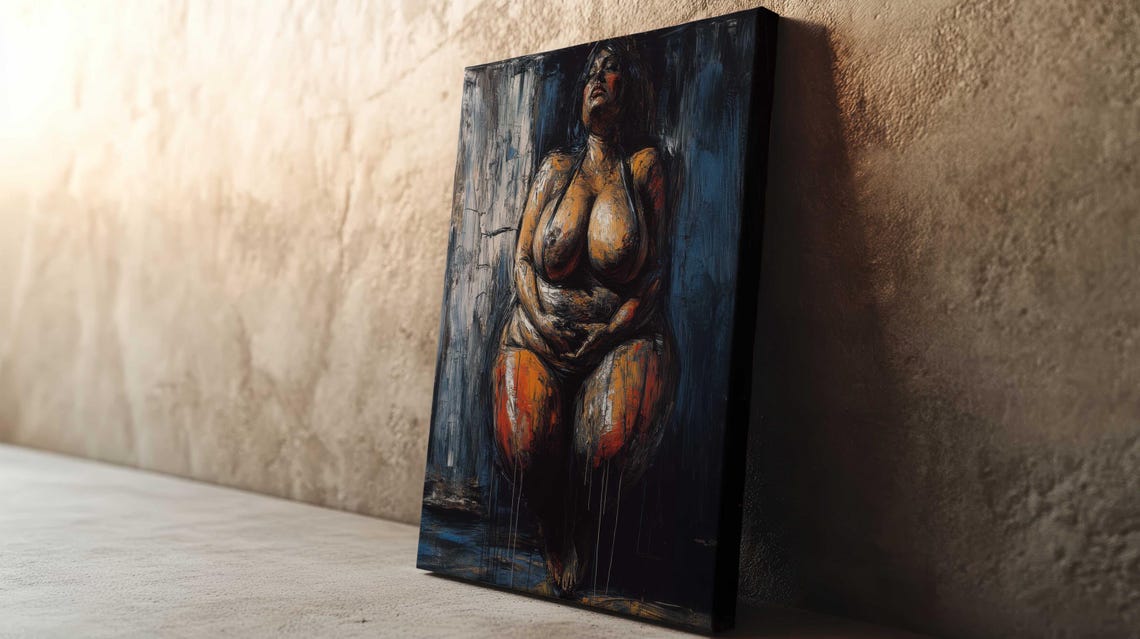 Plus Size Nude Woman Seated Dark Blue Orange Expressionist Art Poster - Image 3