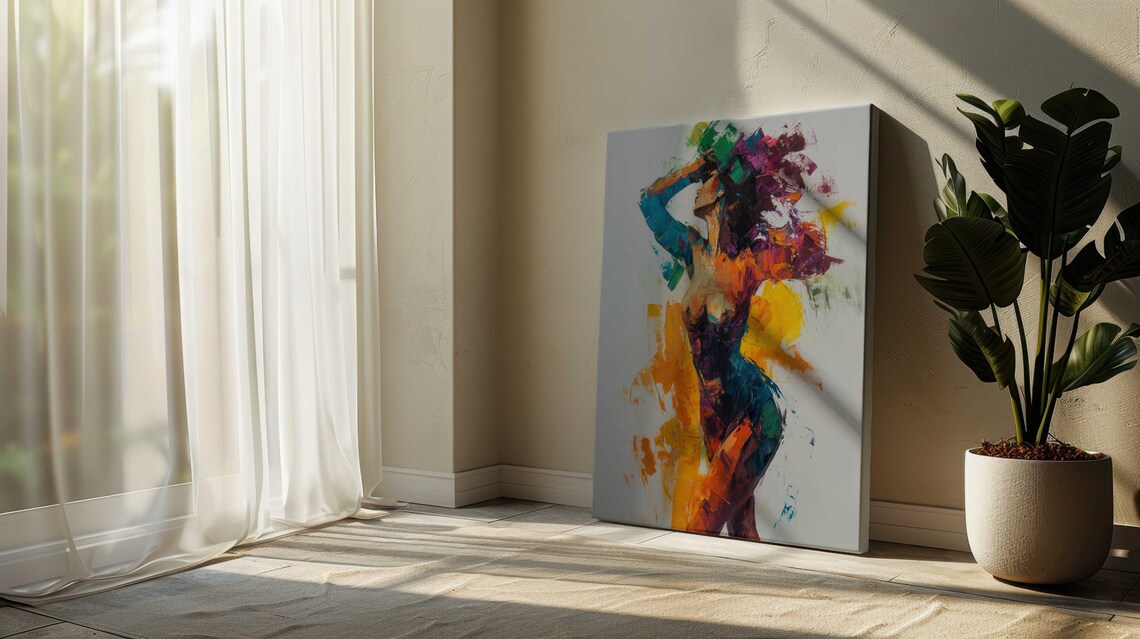 Nude Woman Arms Raised Colorful Abstract Brushstroke White Art Poster - Image 2