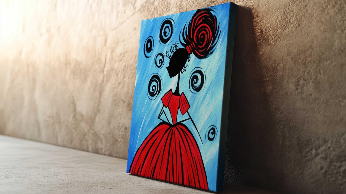 Whimsical Red Dress Girl Spiral Hair Blue Background Naive Art Print - Image 2