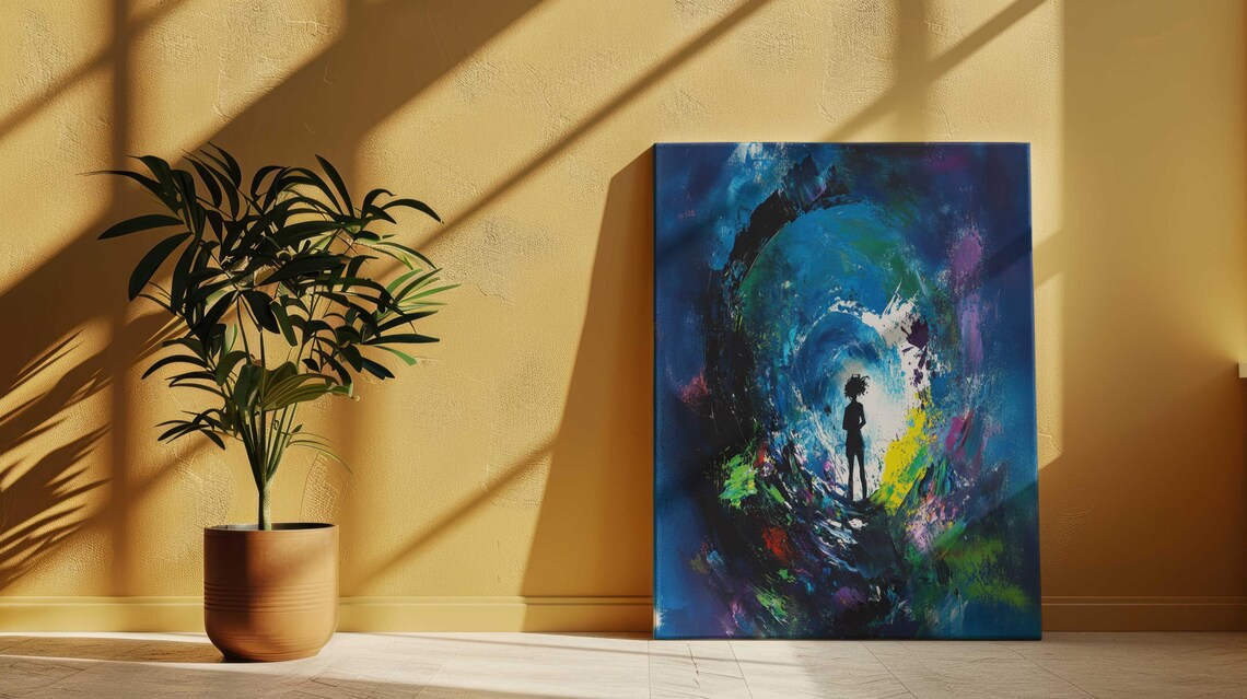 Abstract Figure Standing In Blue Vortex Swirl Tunnel Art Print Poster - Image 4