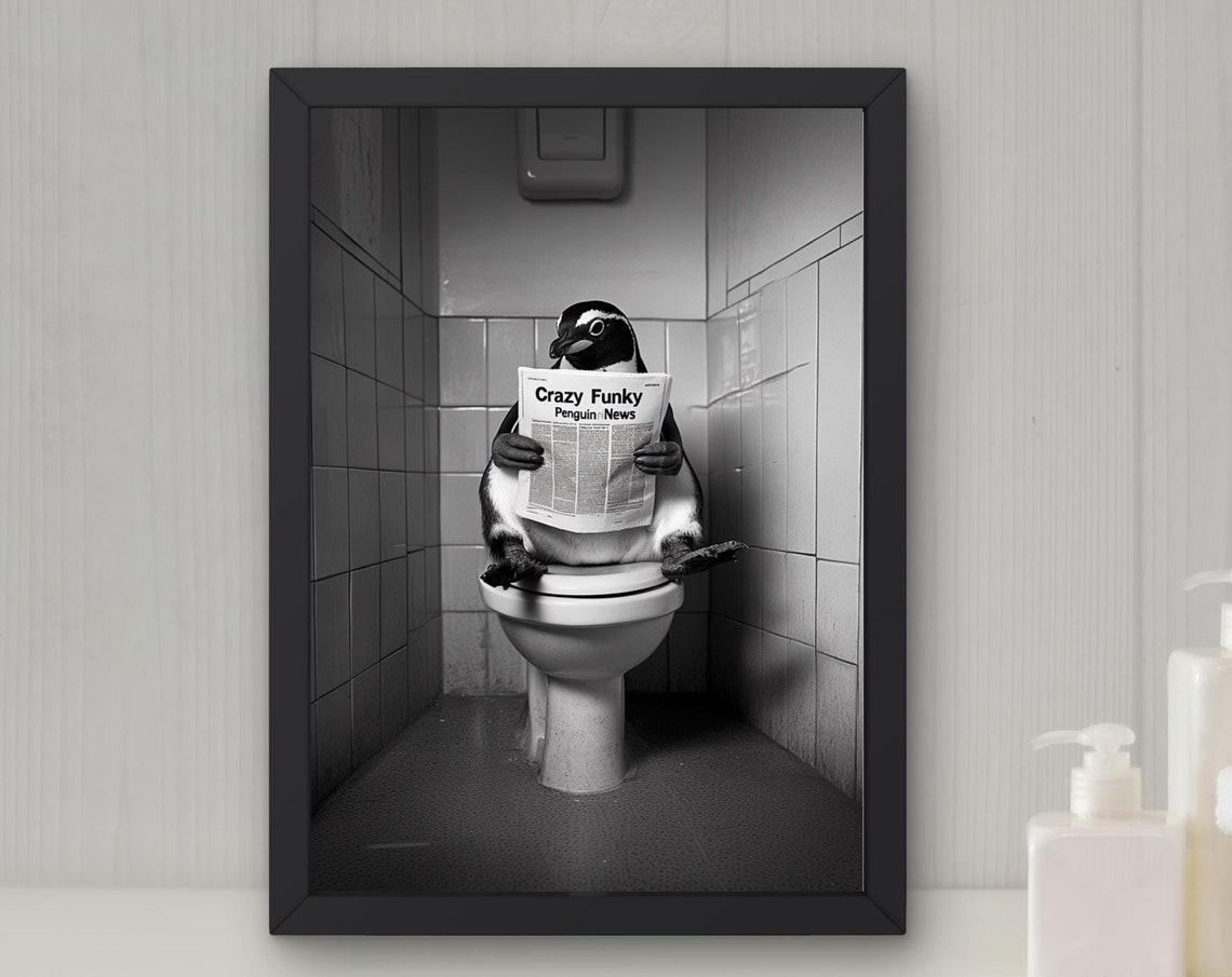 Penguin Reading a Newspaper on the Toilet Funny Bathroom Poster