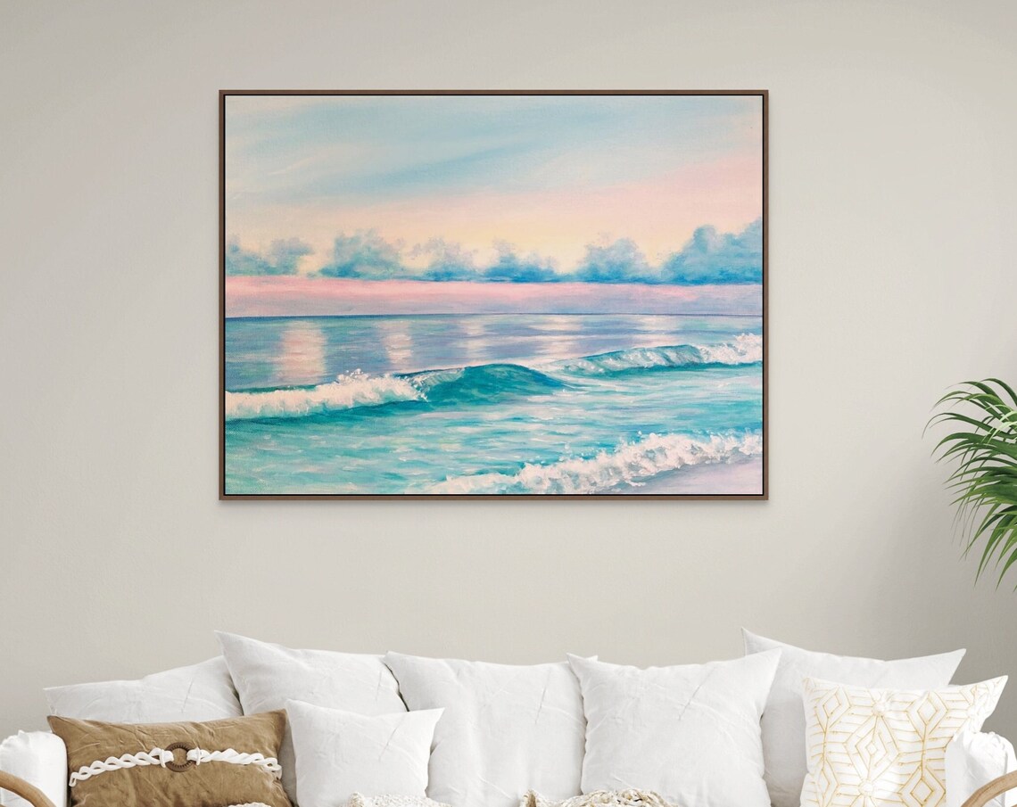 Turquoise Ocean Waves Dusk Seascape Pink Sky Beach Art Poster