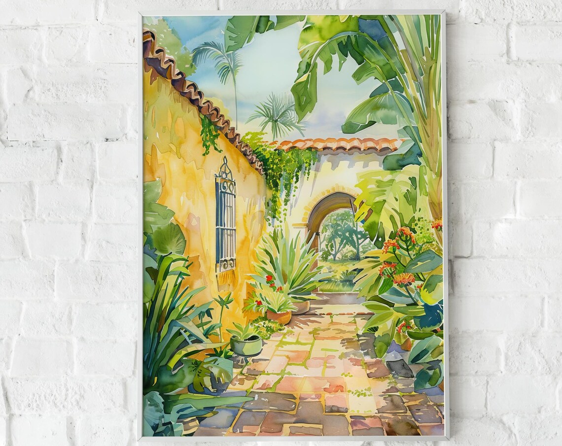 Sunlit Spanish Courtyard Garden Watercolor Tropical Art Poster - Image 4