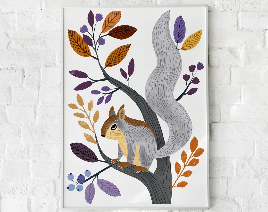 Squirrel Autumn Watercolor Illustration with Colorful Leaves Kids Poster - Image 4