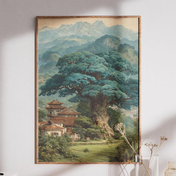 Mystical Tree Art Print Japanese Zen Landscape Wall Decor Fantasy Nature Poster Large Artwork Boho