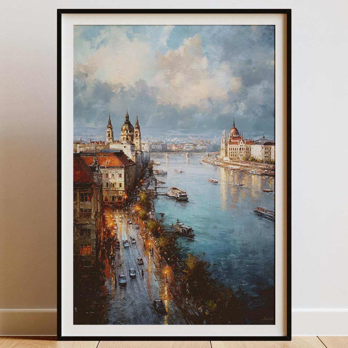 Budapest Night Cityscape Art Print Danube River Evening View Hungarian Parliament Wall Instant Europe Decor