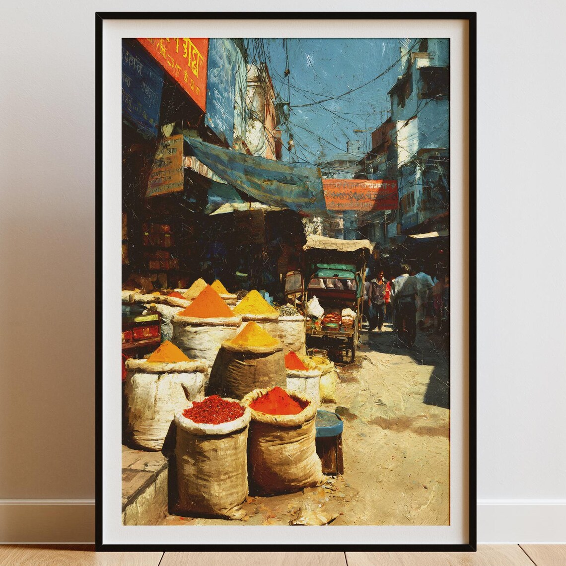 Delhi Spice Market Sacks of Colorful Spices on Old Street Poster