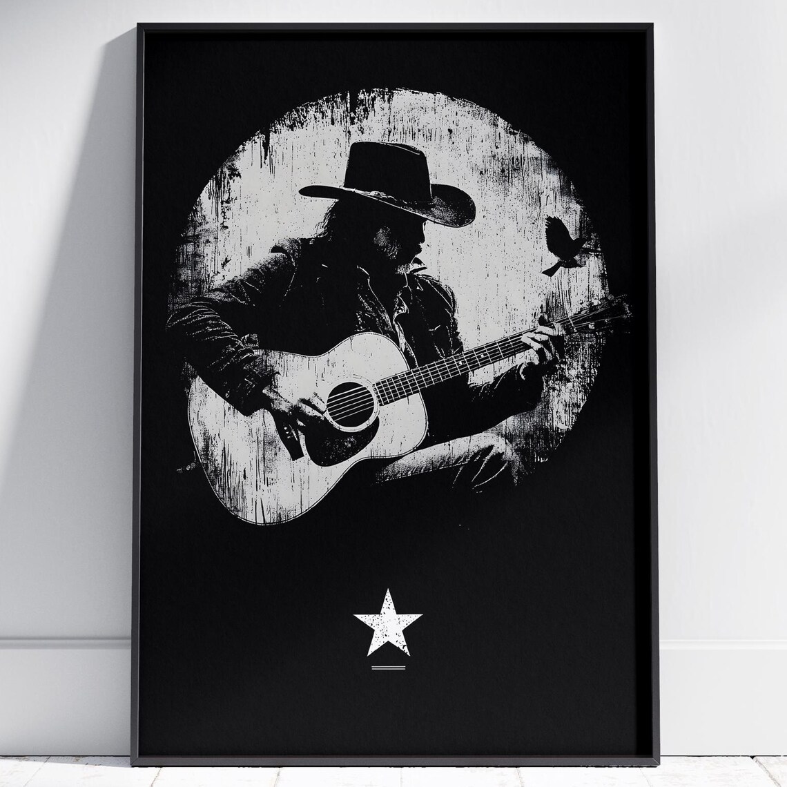 Western Cowboy Guitar Player Black White Music Art Wall Print