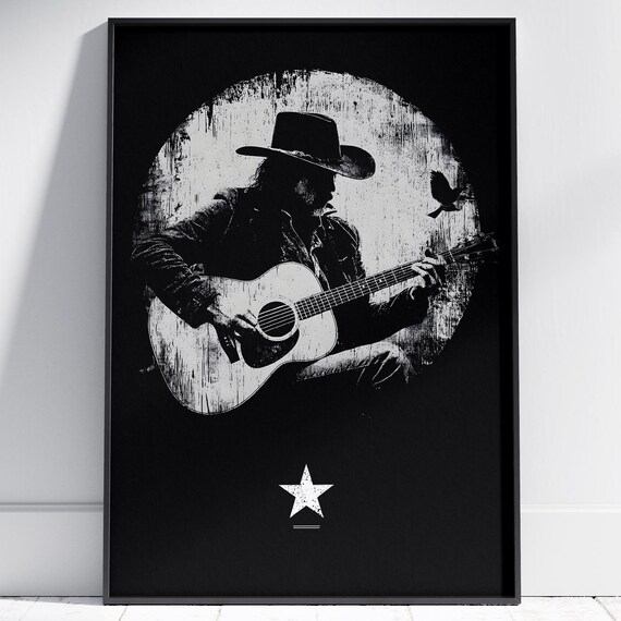 Western Cowboy Guitar Player Black White Music Art Wall Print