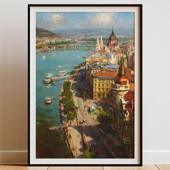 Budapest Danube River Art Print Hungary Cityscape Wall Decor Europe Travel Painting Instant Home Office