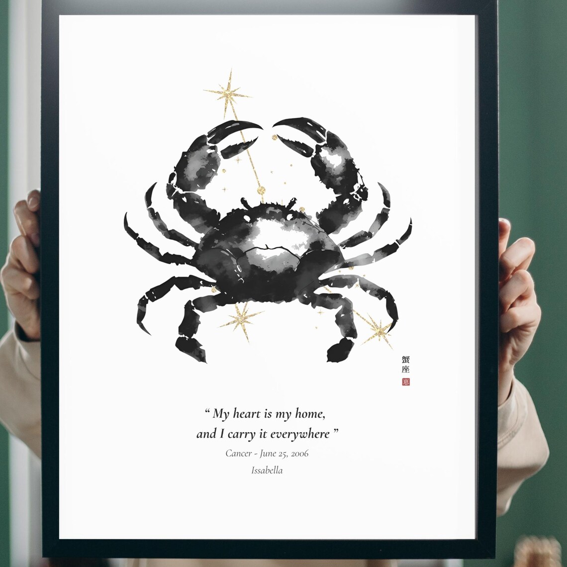 Cancer Crab Sumi Ink Brushwork Gold Stars Zodiac Home Quote Poster