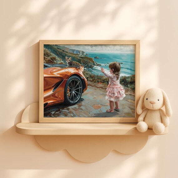 Baby Girl with Kitten and Orange McLaren Ocean Cliff Nursery Print