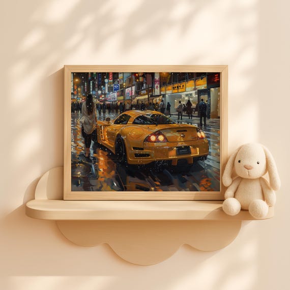 Golden Supercar Under City Lights Night Drive Wall Art Stylish Urban Scene With Girl Exotic Sports Car