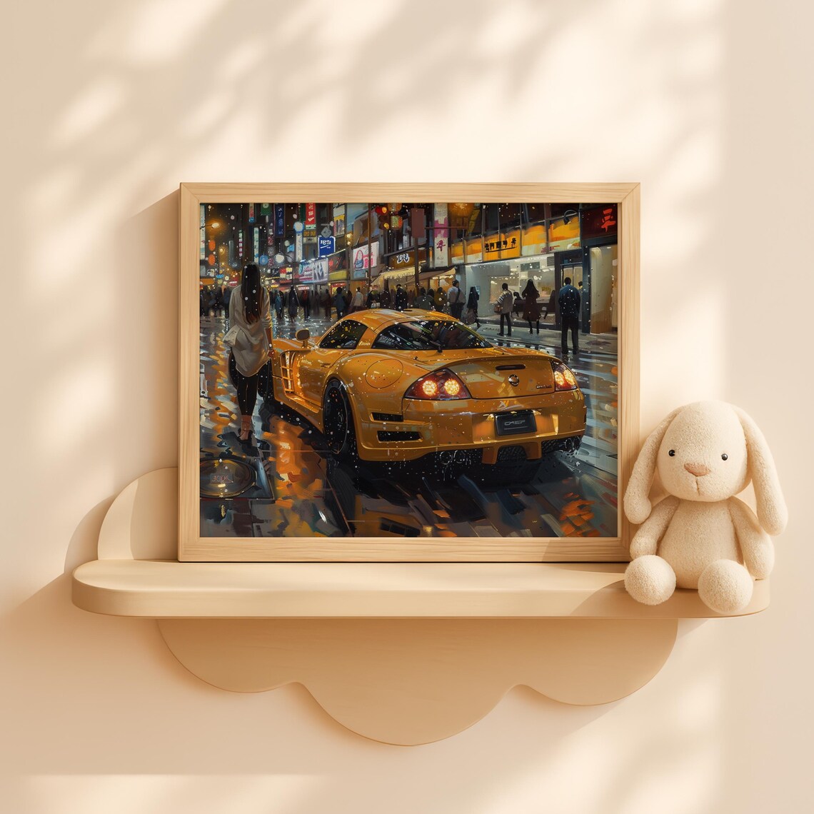 Golden Supercar Under City Lights Night Drive Wall Art Stylish Urban Scene With Girl Exotic Sports Car