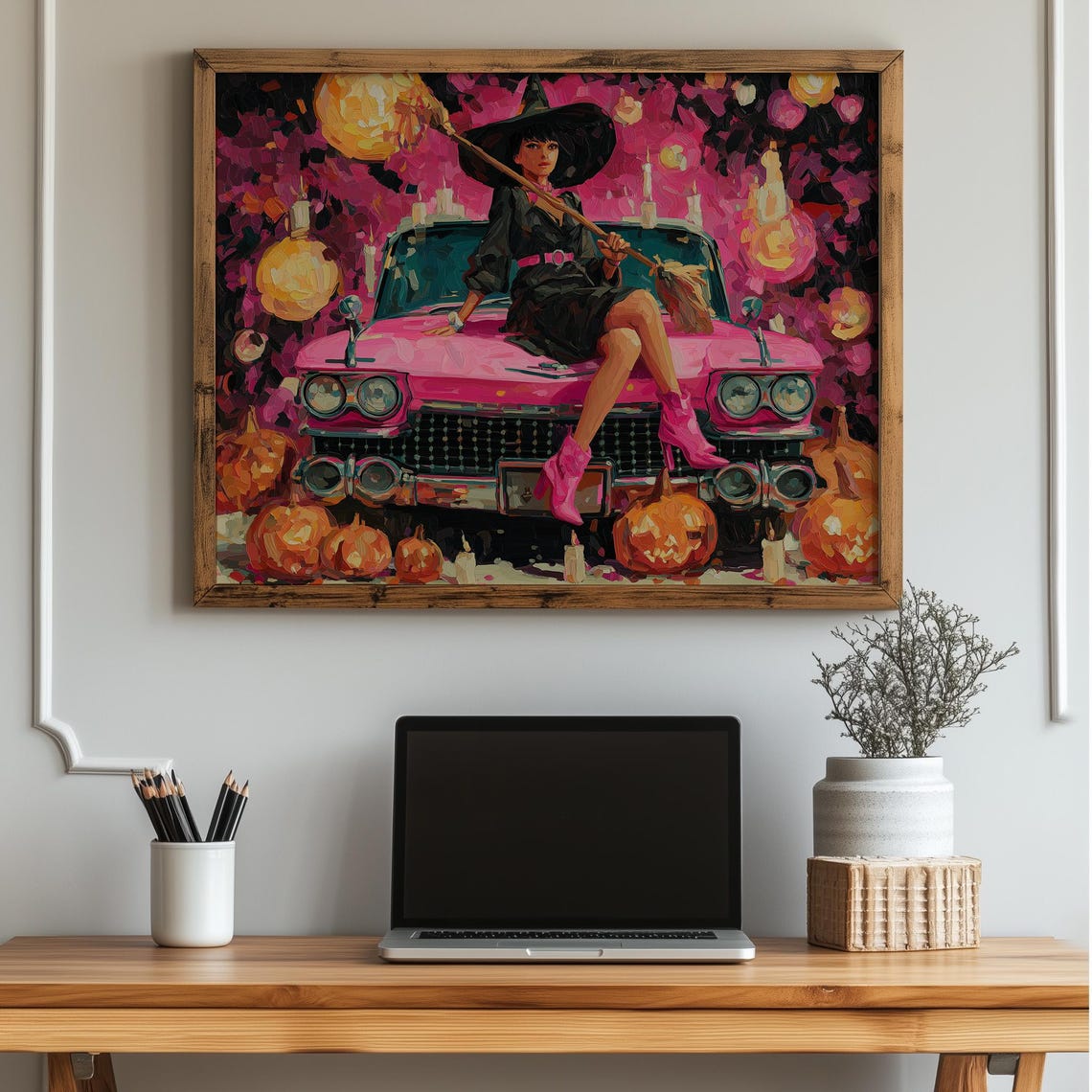 Witch Girl In Pink Car Retro Halloween Wall Art Print