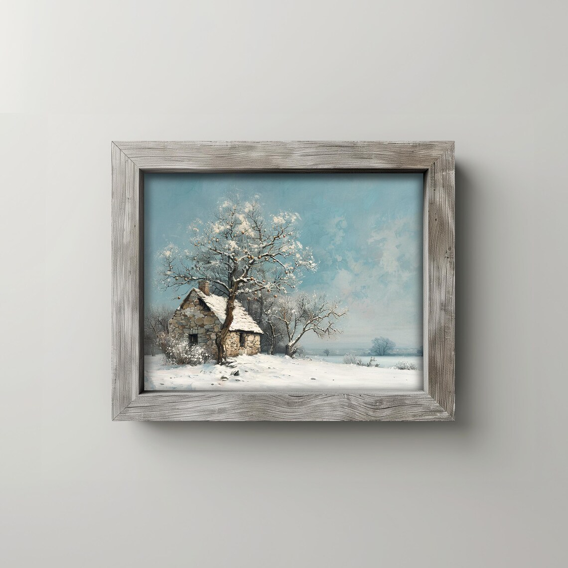 Stone Cottage Snowy Winter Trees Cozy Rustic Farmhouse Art Poster