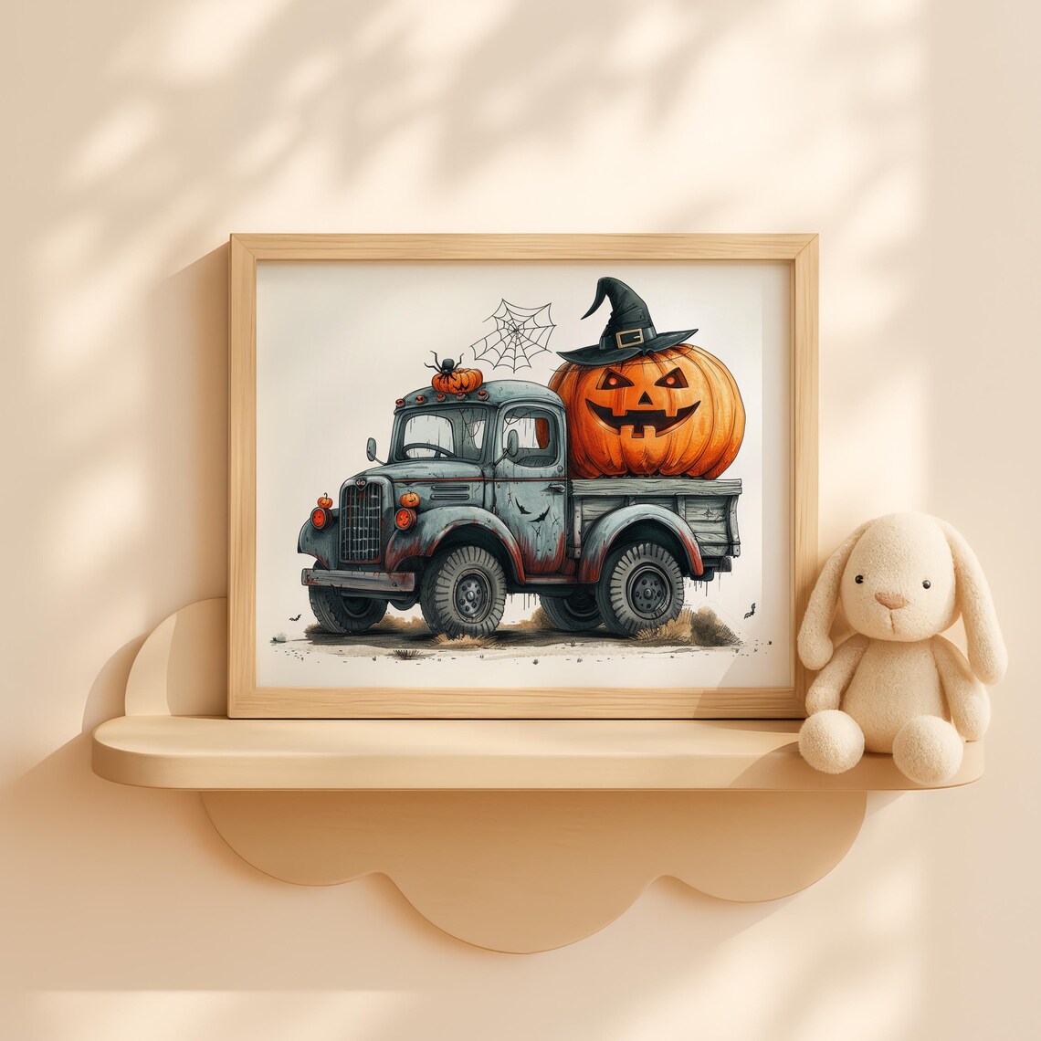 Spooky Vintage Truck Giant Pumpkin Witch Hat Halloween Kids Poster