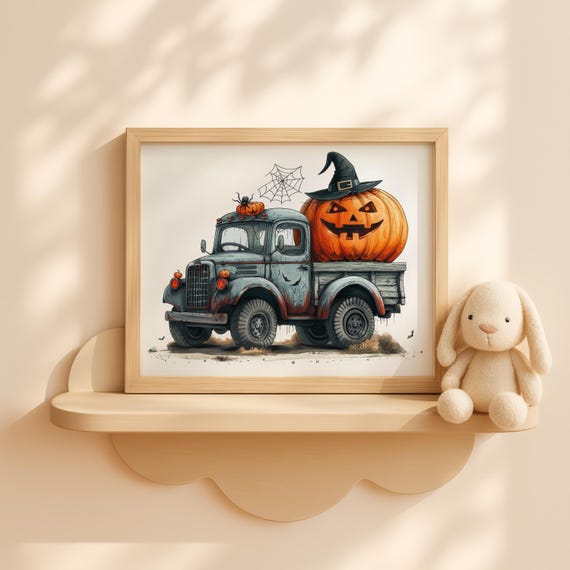 Spooky Truck With Pumpkins And Witch Hat Art Kid Halloween Wall Decor Fall Farm Vehicle Cute