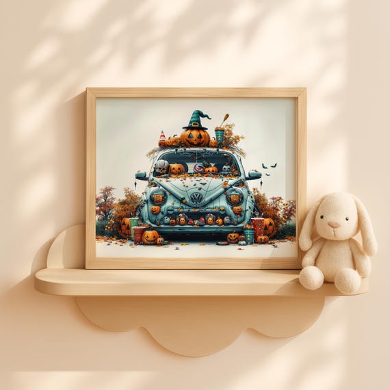 Cute Halloween Car With Pumpkins And Witch Hat Art Kids Fall Room Decor Autumn Pumpkin Wall