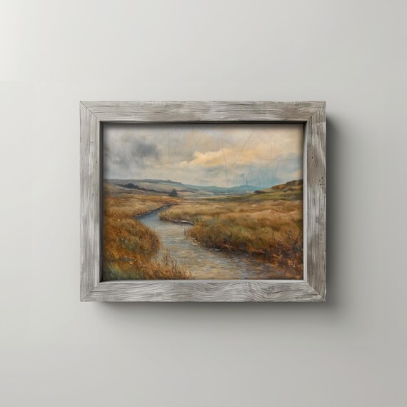 Moody Misty Valley Stream With Reeds Earthy Oil Style Landscape Wall Art Fall Forest Decor Vintage Country Painting