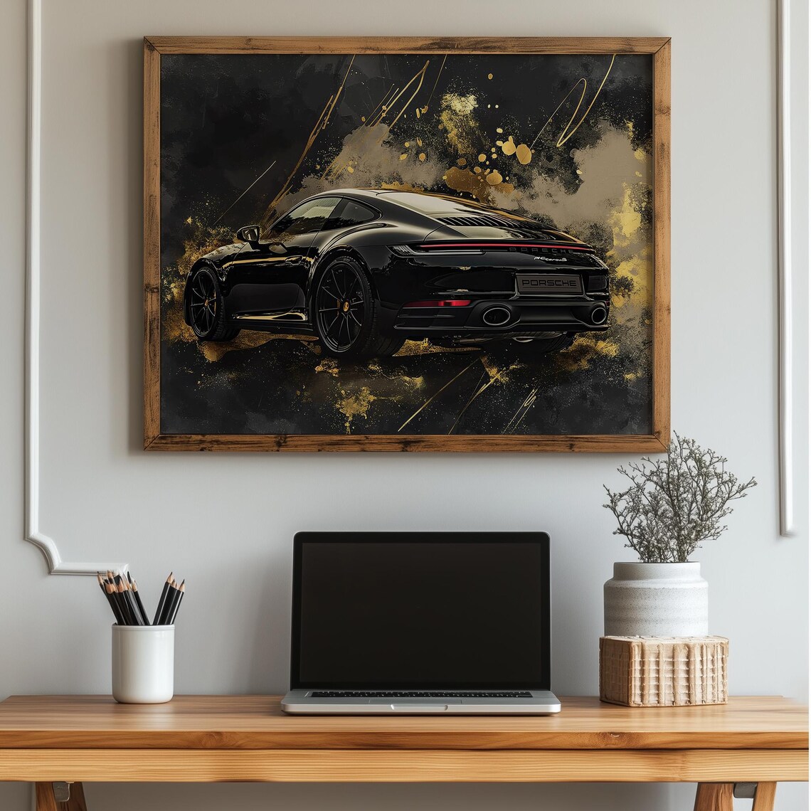 Black Porsche 911 Rear View Gold Splash Automotive Art Poster