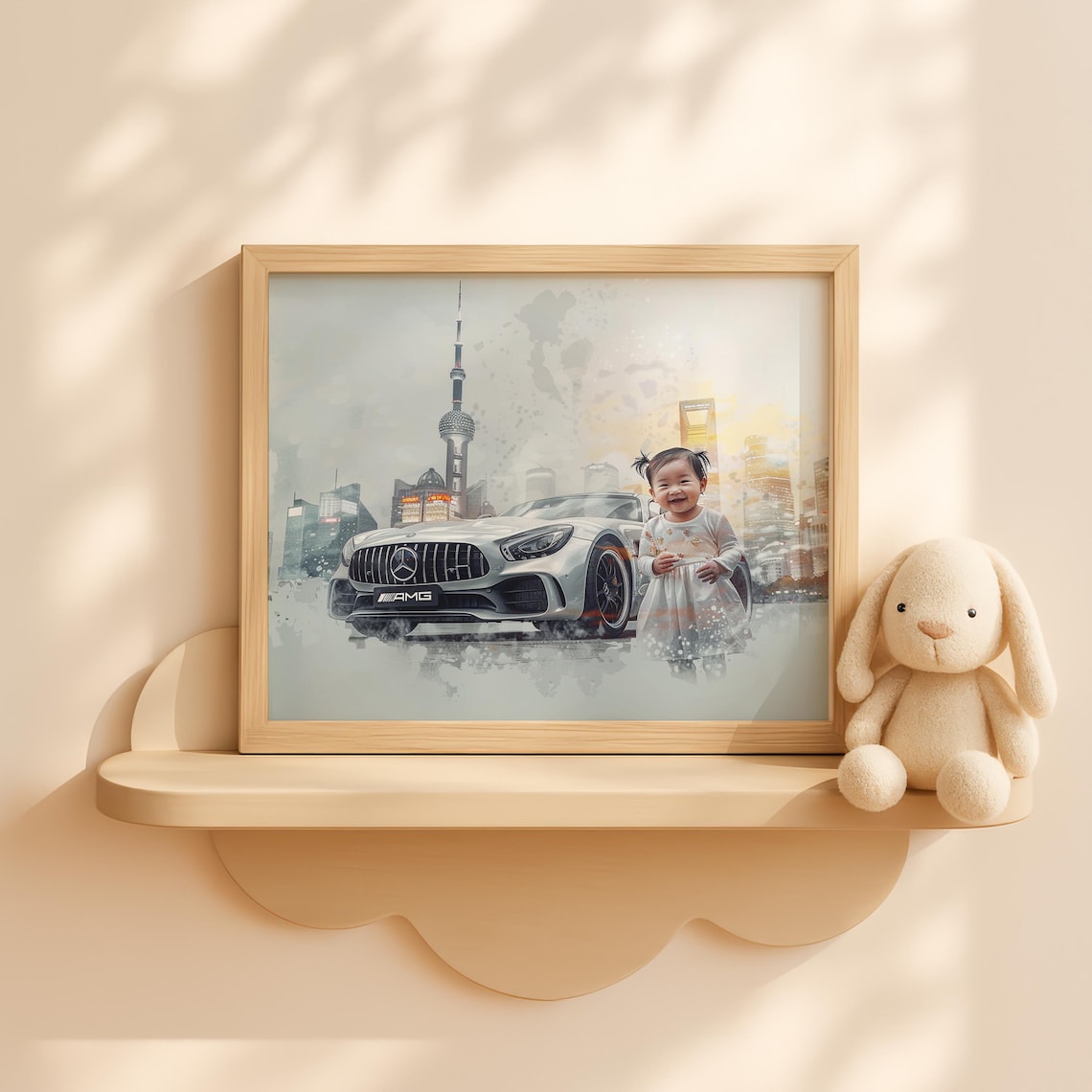 Smiling Girl with Silver Mercedes AMG Sports Car Watercolor Nursery Poster