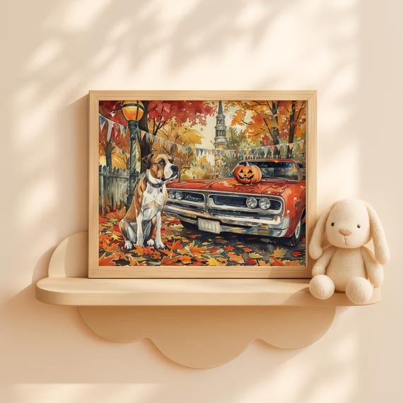 Boxer Dog Halloween Car Art Vintage Town Square Wall Decor Fall Painting Spooky Autumn Landscape