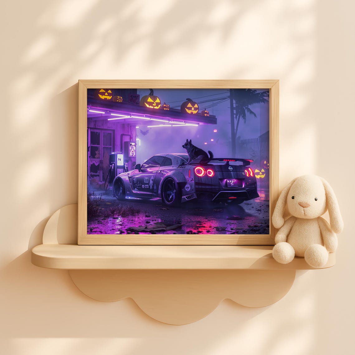 Abandoned Gas Station Wall Art Halloween Night Scene Moody Urban Spooky Fall Decor Haunted Road Print
