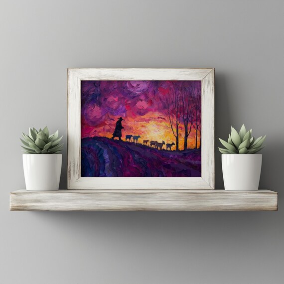 Moody Sunset Shepherd Scene Violet Sky Painting Autumn Landscape Wall Art Rustic Farm Evening Decor Print
