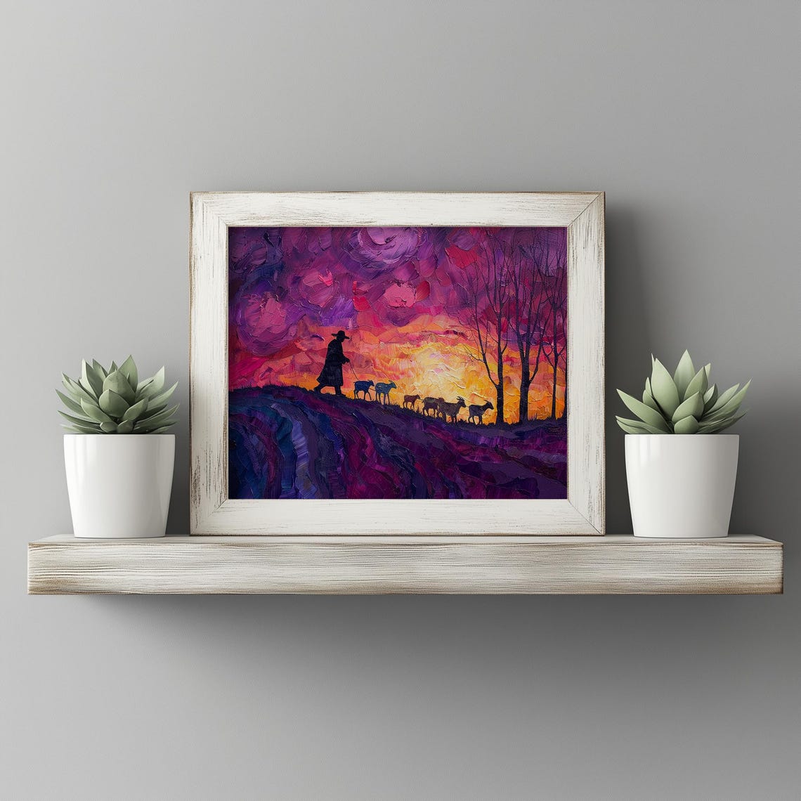 Moody Sunset Shepherd Scene Violet Sky Painting Autumn Landscape Wall Art Rustic Farm Evening Decor Print
