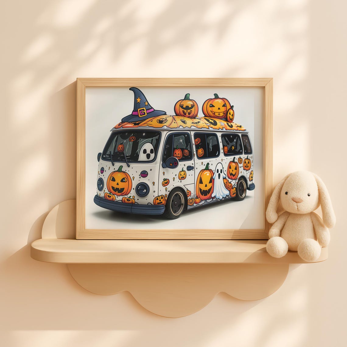 Cute Halloween Van With Ghosts And Pumpkins Wall Art For Kids Fun Spooky Car Decor