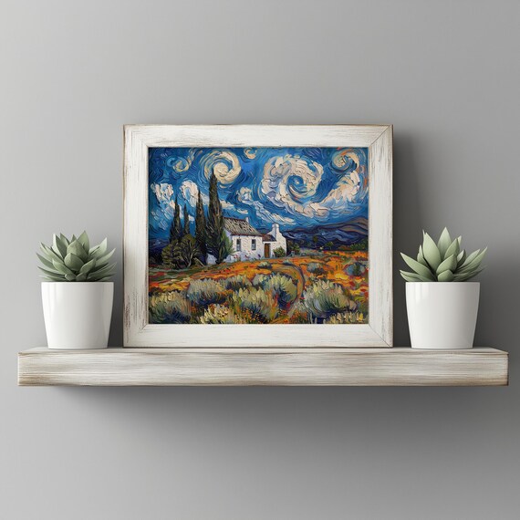 Starry Night Style Farmhouse Cypress Trees Impasto Art Poster