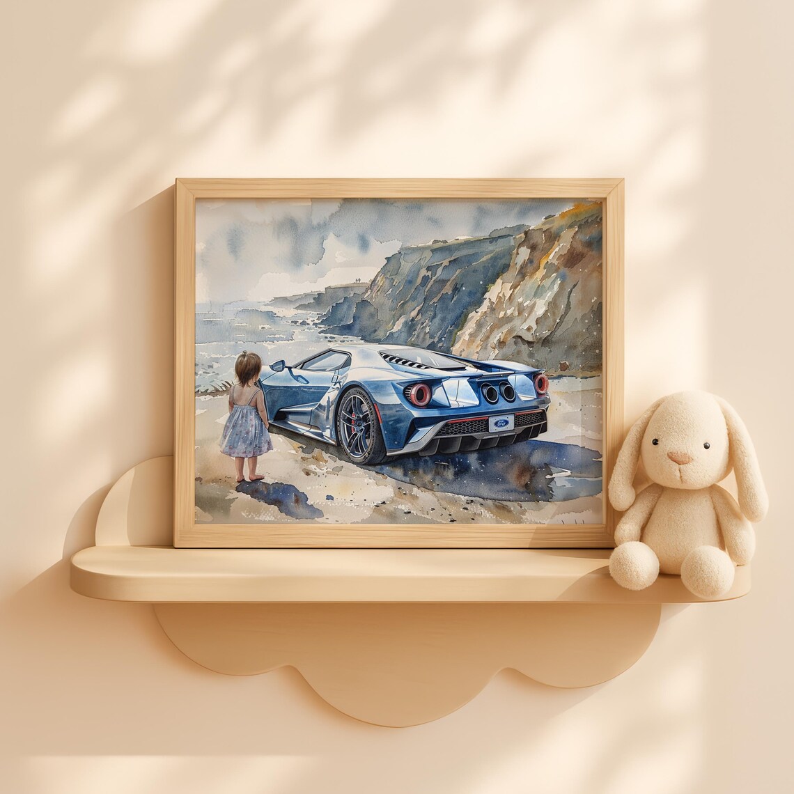 Toddler Girl Beside White Supercar Painting Watercolor Kids Room Wall Art Nursery Luxury Car Scene Print