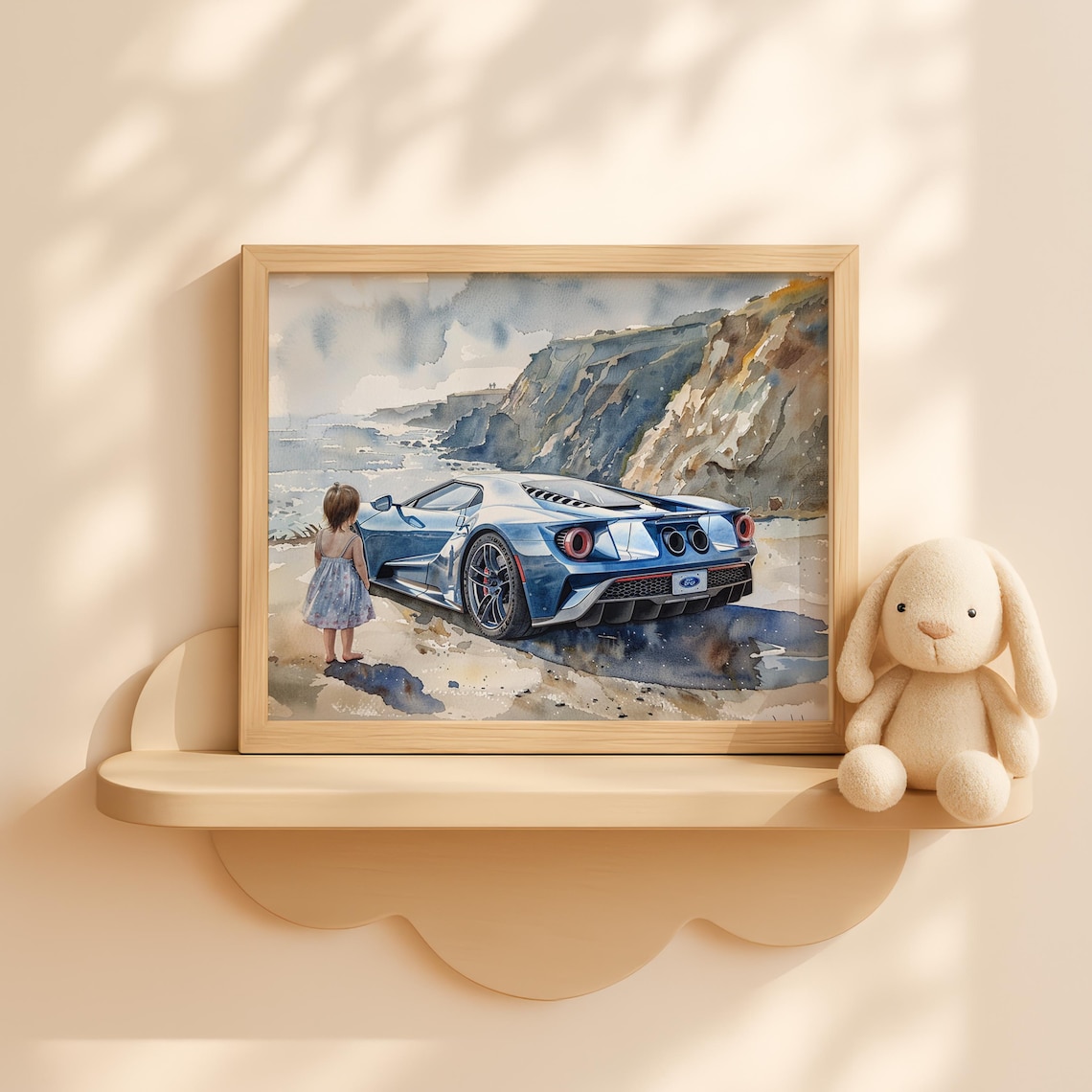 Toddler Girl with Blue Ford GT Supercar Watercolor Cliff Beach Nursery Poster