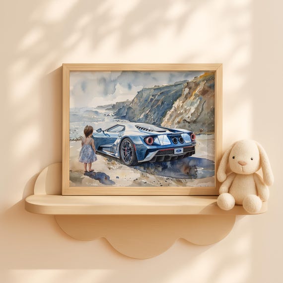 Toddler Girl Beside White Supercar Painting Watercolor Kids Room Wall Art Nursery Luxury Car Scene Print