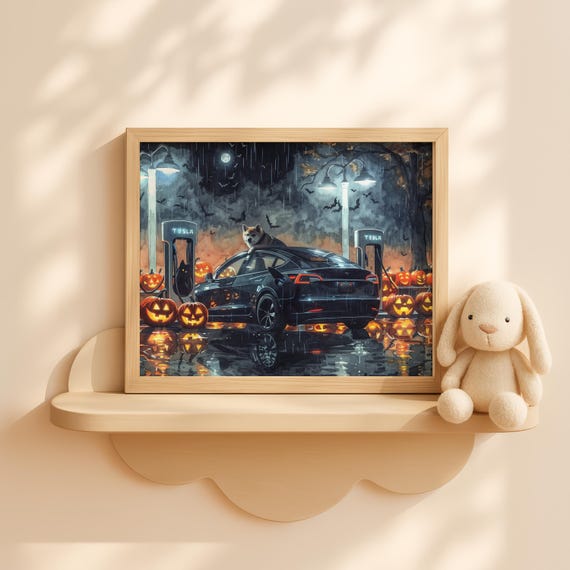 Shiba Inu On Halloween Night Urban Spooky Wall Art Pumpkin Decor City Drive Scene Fall Artwork Dog Print