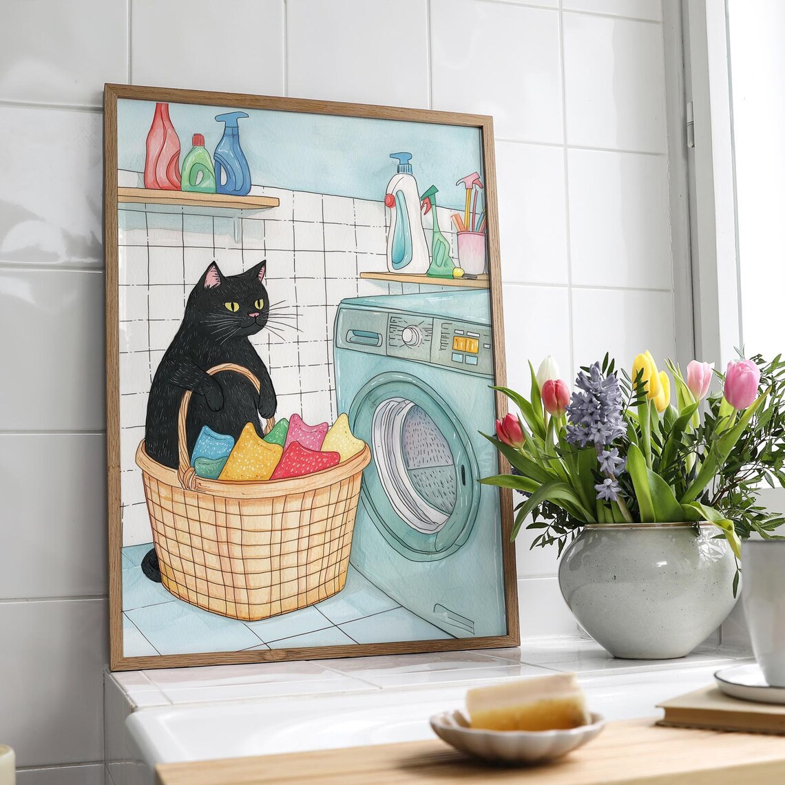 Black Cat Laundry Day Poster, Cute Laundry Decor